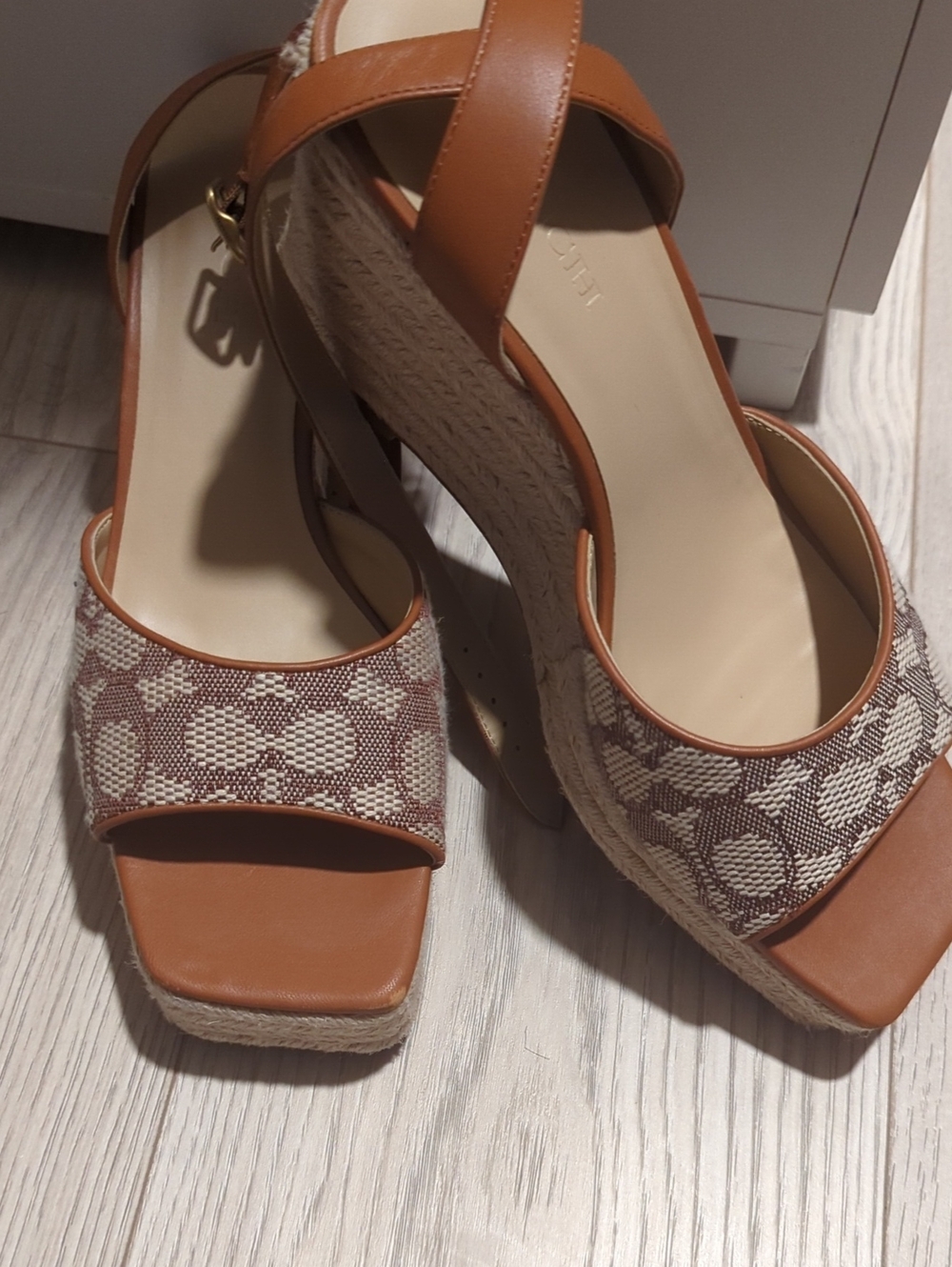 Coach Brown & Ivory Logo Espadrille Wedge Sandals